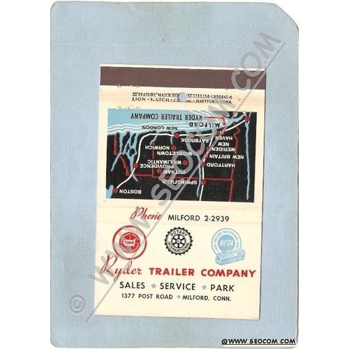 CT Milford Matchcover Ryder Trailer Company 1377 Post Road w/Map Back Pane~1446
