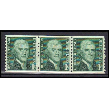Used 1299 1c Thomas Jefferson Fine Strip of 3 KA6204