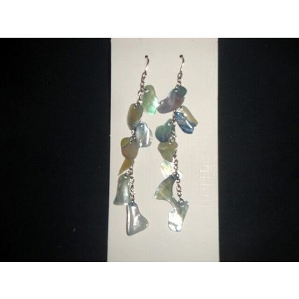 3" silver tone metal chain with opalescent paua abalone shell chip earrings