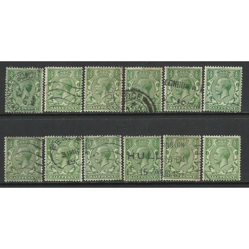 GB 1912 - 24 KGV 1/2d Green x 12 Variety/shades Wmk 100.( C300 )