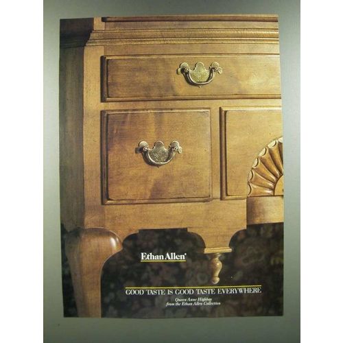 1986 Ethan Allen Queen Anne Highboy Ad - Good Taste is Good Taste Everywhere