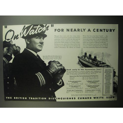 1937 Cunard White Star Cruise Ad - On watch for nearly a century