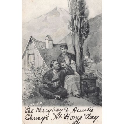R.Mosinger Man Smoking Blowing Smoke to Lady German Artist Antique Postcard