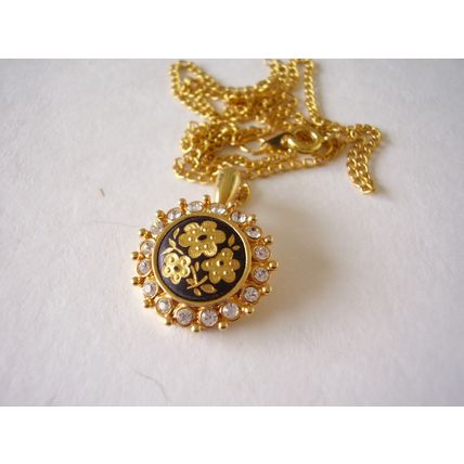 Vintage Necklace Damascene Flower Small Pendant White Crystal Surround Toledo
