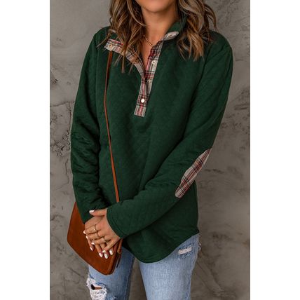 Green Geometric Texture Plaid Trim Sweatshirt