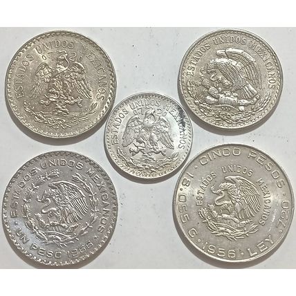 Mexico Vintage Silver Coinage Lot 1933-1943-1947-1956-1966. Set of 5 pcs