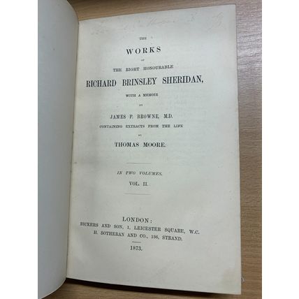 1873 THE WORKS OF RICHARD BRINSLEY SHERIDAN VOLS 1 & 2 ANTIQUE BOOKS (T8)