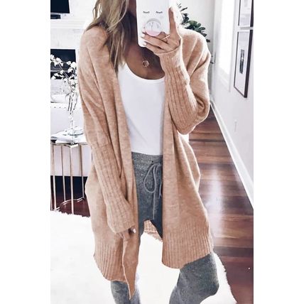 Smoke Gray Ribbed Trim Puff Sleeve Open Cardigan