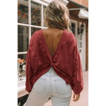 Red Exposed Seam Twist Open Back Oversized Sweatshirt