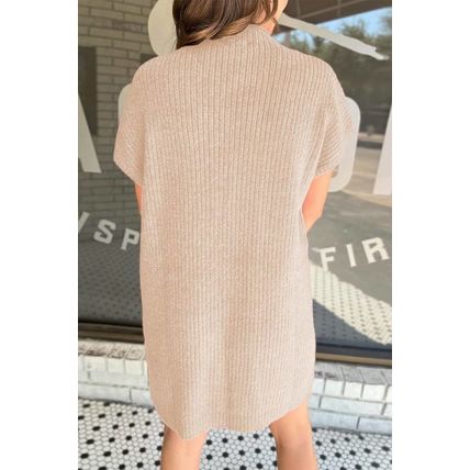 Oatmeal Patch Pocket Ribbed Knit Short Sleeve Sweater Dress