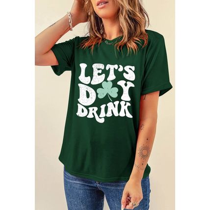 Green Lets Day Drink Clover Print Round Neck T Shirt