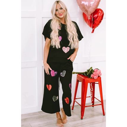 Black Sequin Heart Popping Graphic Textured 2pcs Outfit