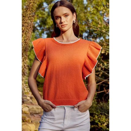 Russet Orange Contrast Trim Ruffle Sleeve Knitted Top