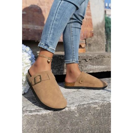Light French Beige Suede Buckle Detail Slippers