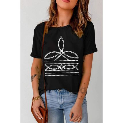 Black Western Pattern Print Slim Fit Crew Neck T Shirt