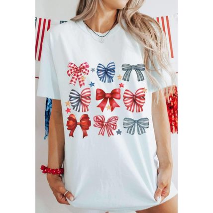 White Stripe and Star Bowknot Graphic Tee