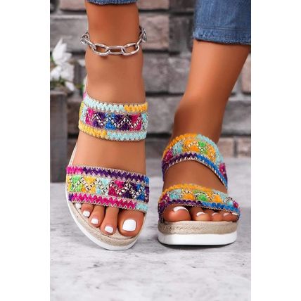 Multicolour Random Color Crochet Dual Band Wedge Slippers
