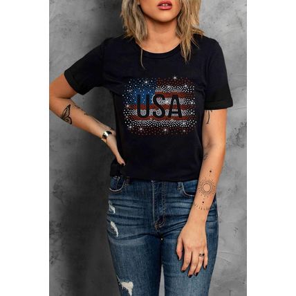 Black Rhinestone America Flag USA Graphic T Shirt
