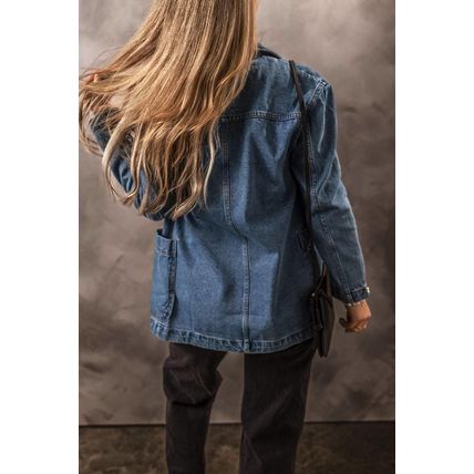 Sail Blue Side Pockets Lapel Collar Denim Jacket