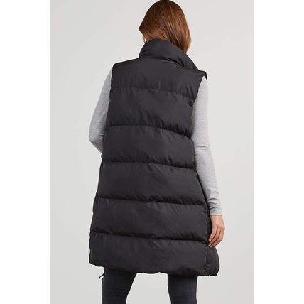 Black Windproof Longline Full Zipper Puffer Vest with Pockets