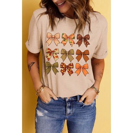 Khaki Halloween Fall Bowknot Graphic Short Sleeve Top