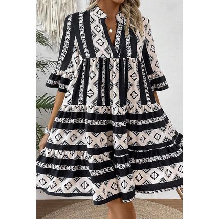 Black Geometric Print V Neck Ruffled Dress