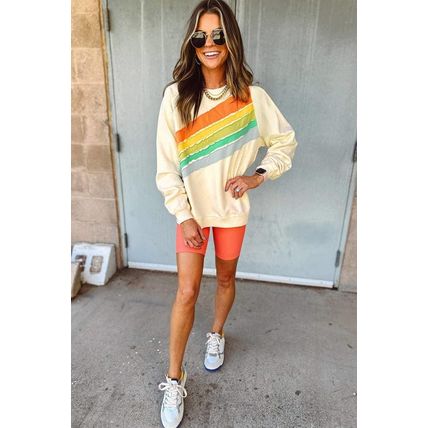 Apricot Rainbow Colorblock Striped Pullover Sweatshirt