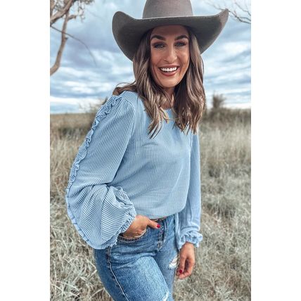 Mist Blue Corded Frilly Puff Sleeve Round Neck Blouse