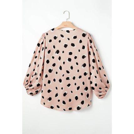 Khaki Classic Leopard V Neck Bracelet Sleeve Blouse