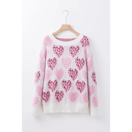 Pink Heart Leopard Print Pearled Ribbed Trim Fuzzy Sweater