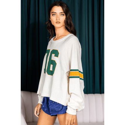 White Number 76 Printed Retro Sporty Long Sleeve Top