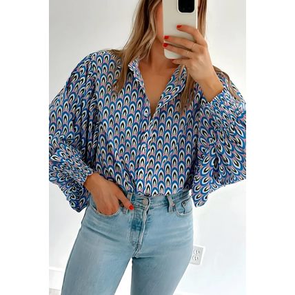 Sky Blue Abstract Print Shirred Cuff Buttoned Oversized Shirt
