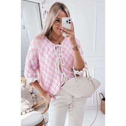 Light Pink Checkered Knitted Lace-up Ruffled 3/4 Sleeve Cardigan