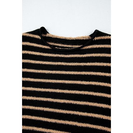 Black Stripe Drop Shoulder Round Neck Loose Sweater