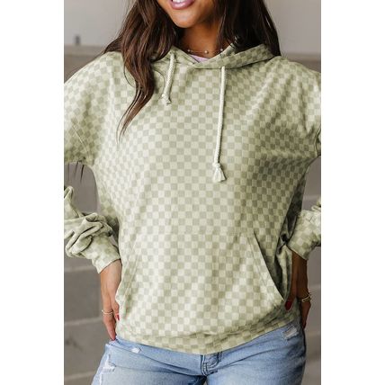 Green Checkered Print Kangaroo Pocket Drawstring Hoodie