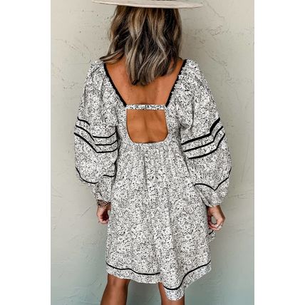 Gray Floral Print Open Back Balloon Sleeve Square Neck Mini Dress