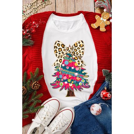 White Leopard Bow Décor Christmas Tree Graphic Crew Neck Tee
