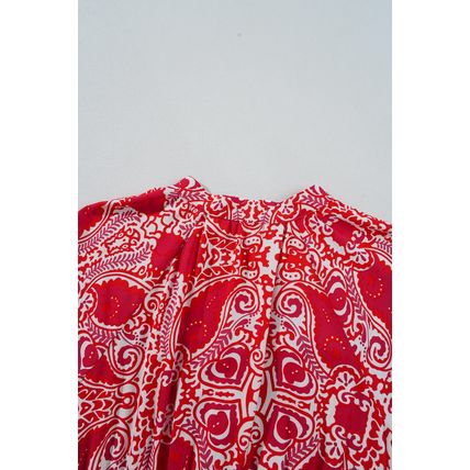 Red Paisley Print Side Slit Puff Sleeve High Waist Maxi Dress