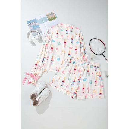 White Plus Size Wine Glass Print Bow Knot Pajama Set