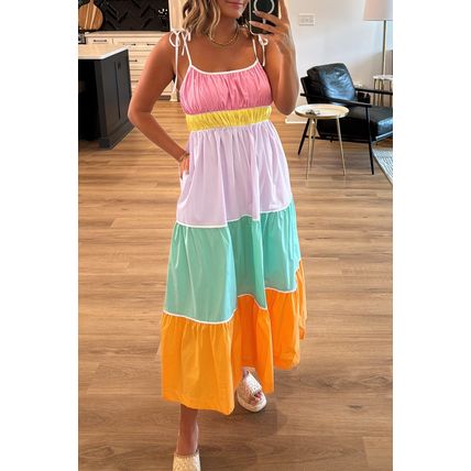 Multicolour Colorblock Self-tie Straps High Waist Flowy Maxi Dress with Pockets