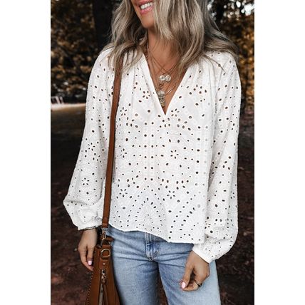 White Eyelet Embroidered Puff Sleeve V Neck Blouse
