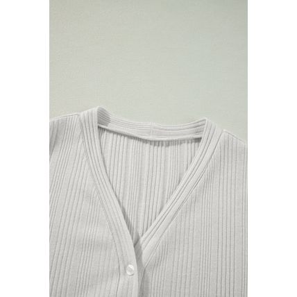 White Solid Color Ribbed Button up Tunic Cardigan