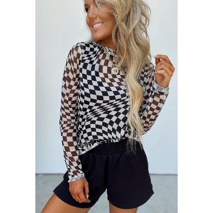 Black Checkered Pattern Mesh Mock Neck Long Sleeve Top
