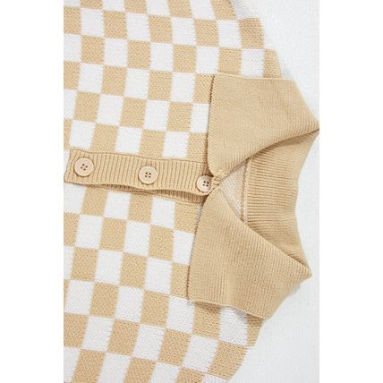 Apricot Checkered Buttons Collar V Neck Drop Shoulder Sweater