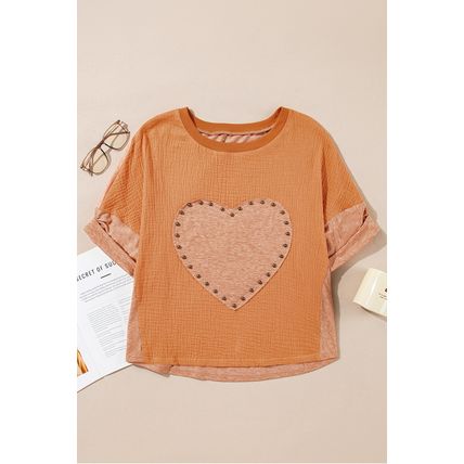 Desert Gold Stud Heart Patch Textured Front Dolman Top