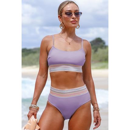 Orchid Petal Striped Patchwork Spaghetti Strap High Waist Bikini Swimsuit