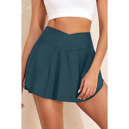 Sea Green Solid Pocketed Crossover High Waist Swim Skort