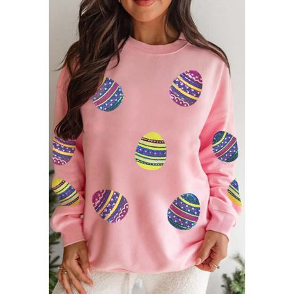 Pink Sequined Bunny Egg Easter Day Pullover Sweatshirt