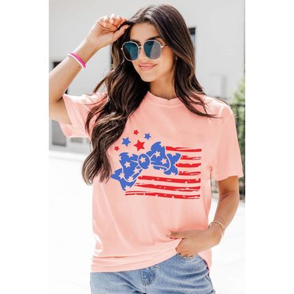 Pink Stars and Stripes Bow Knot Crew Neck T Shirt
