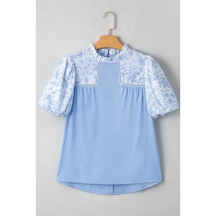 Beau Blue Lace Insert Floral Puff Sleeve Patchwork Loose Blouse